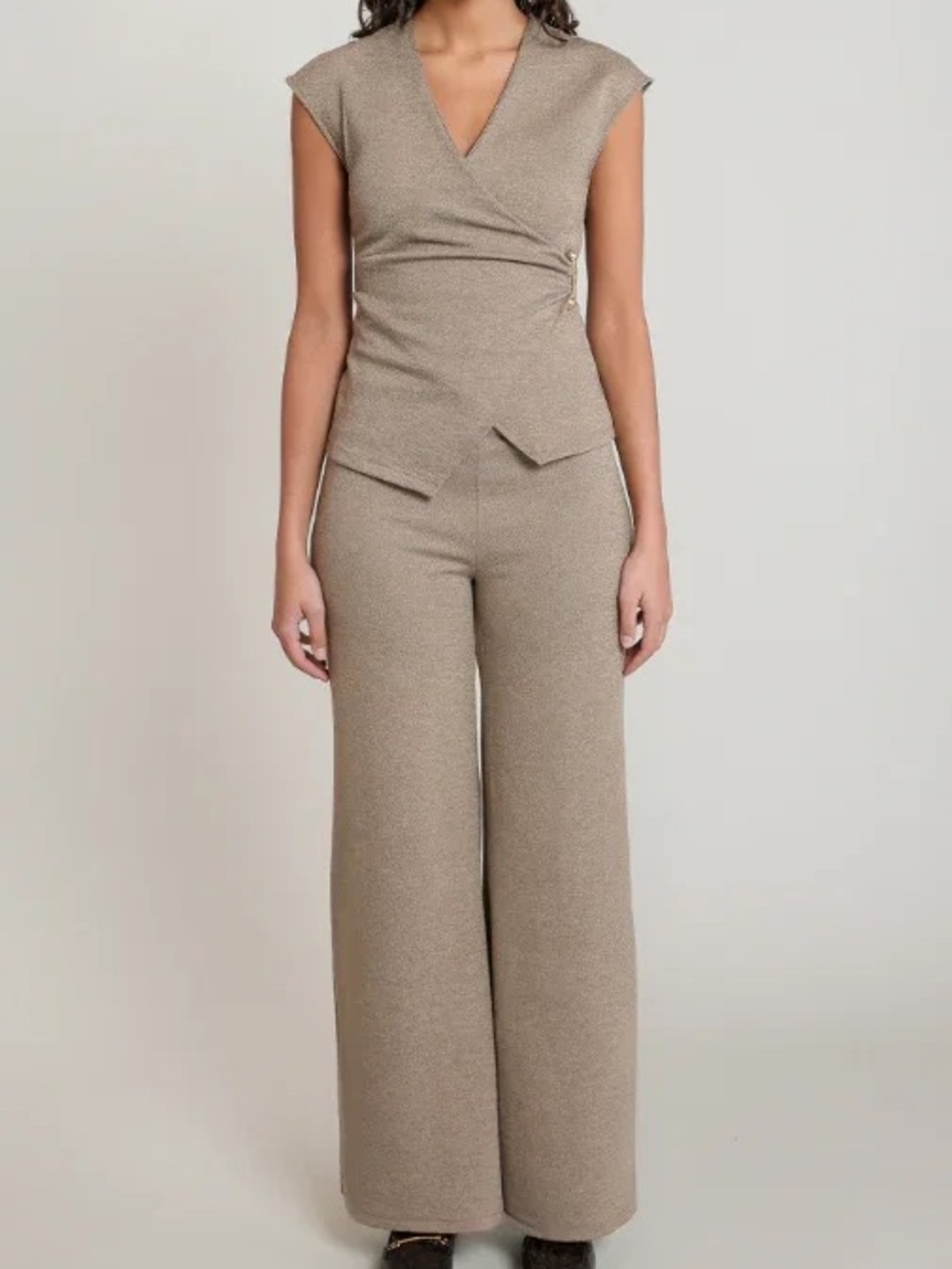 (2 pieces) Zara Wrap Top and Wide‑Leg Pants Set in Taupe - Picture 3 of 4